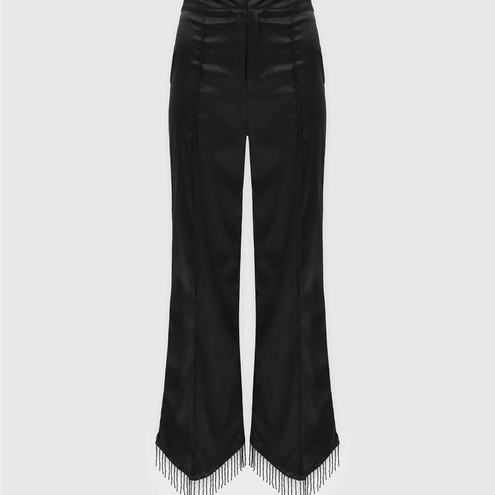 Maniére de Voir - Black Satin Trousers Pants with Beaded Fringe